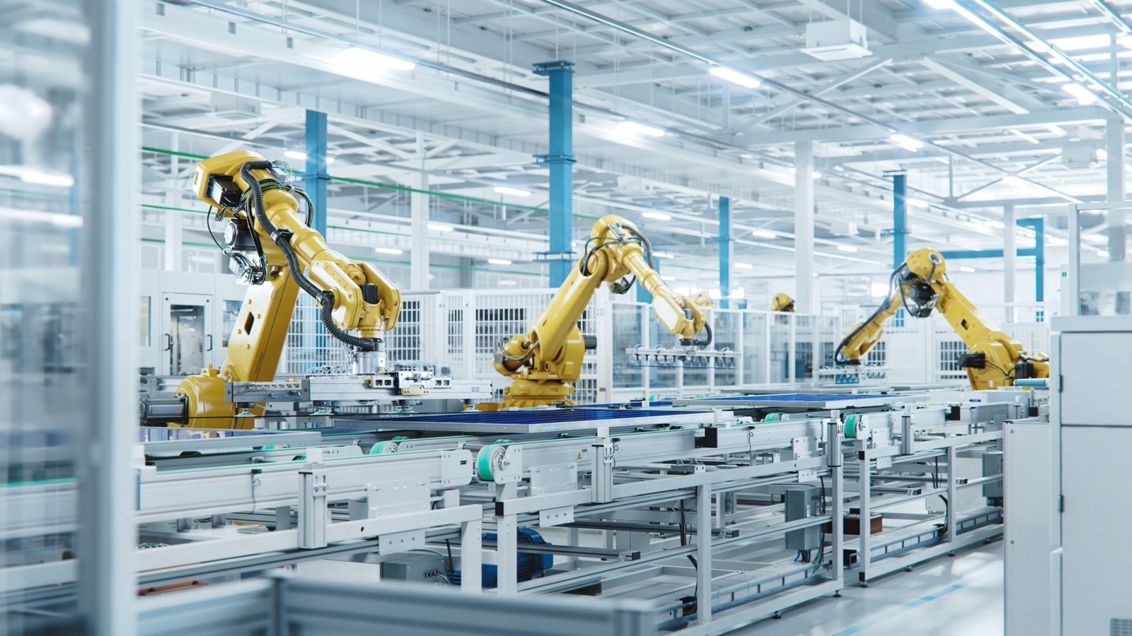 Automated production line with robotic arms in a factory
